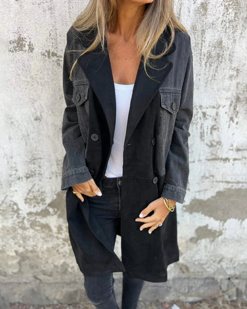 Sobretodo Femenino Bicolor Jeans y Suede Marina