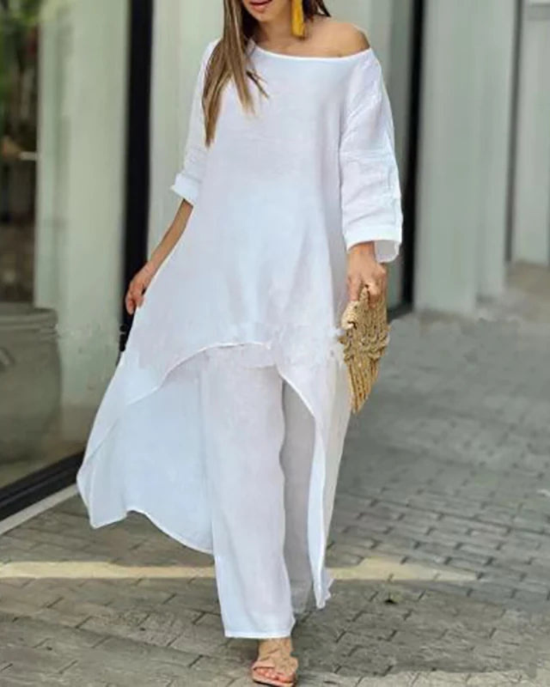 Conjunto Femenino Lino Blusa Larga y Pantalón Suelto Geovana
