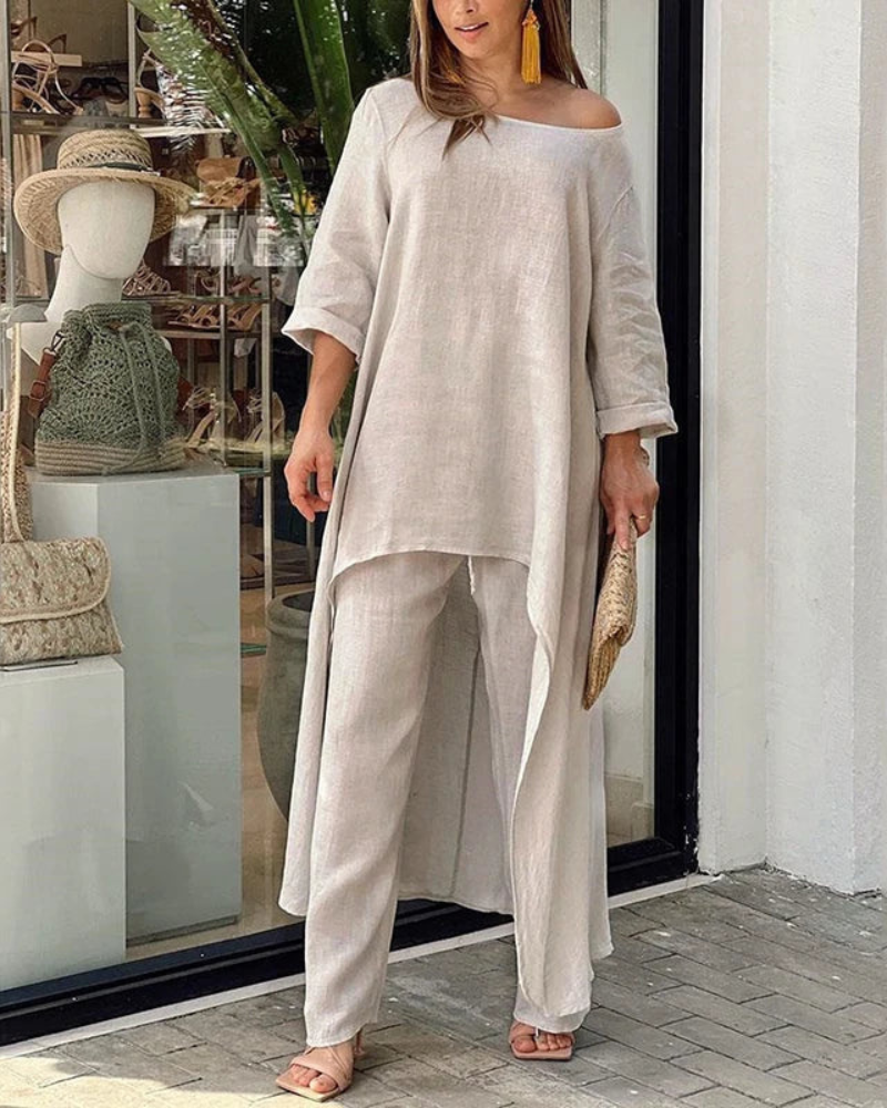 Conjunto Femenino Lino Blusa Larga y Pantalón Suelto Geovana