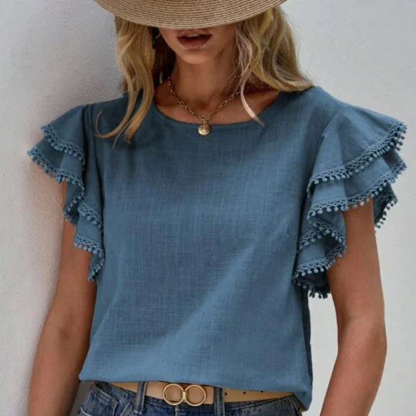 Camisa Femenina de Manga Corta con Volantes