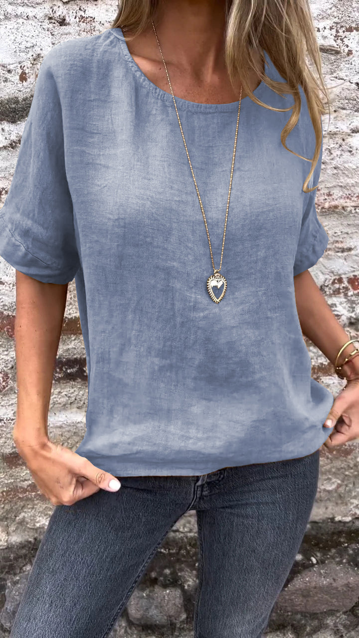 Blusa de Algodão e Linho com Gola Redonda e Mangas Curtas de Cor Sólida