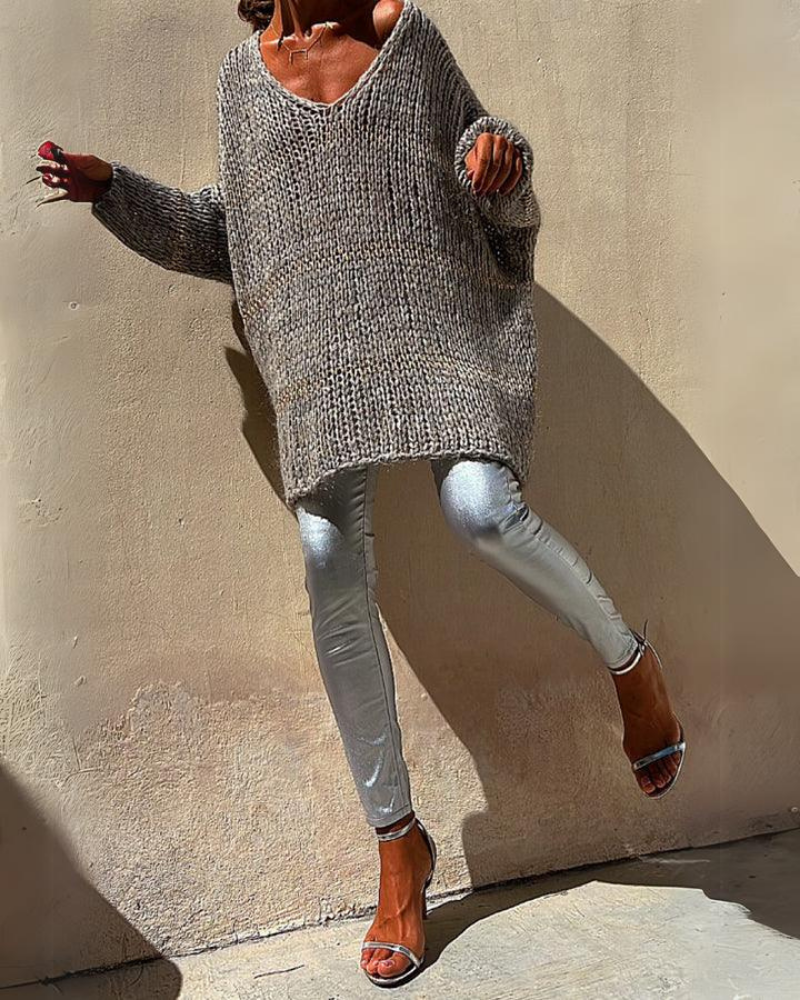 Suéter Femenino de Tricô – Oversized con Trama Abierta y Escote en V Wendy