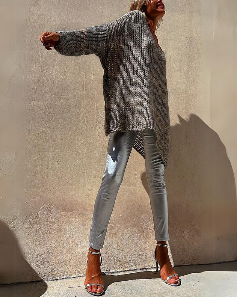 Suéter Femenino de Tricô – Oversized con Trama Abierta y Escote en V Wendy