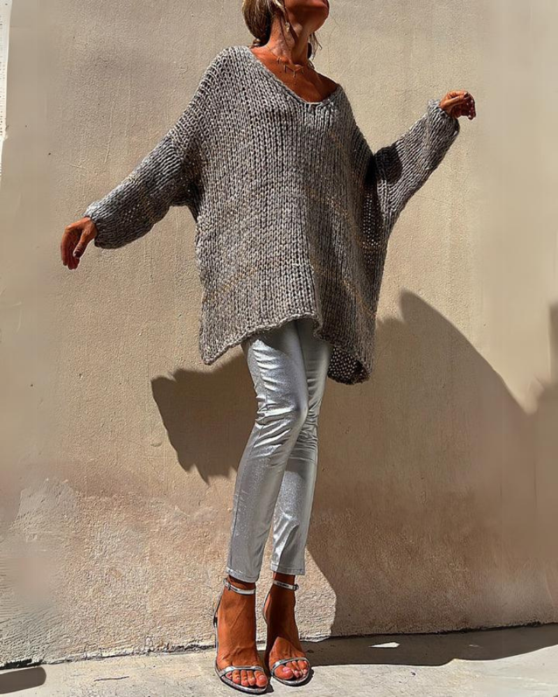 Suéter Femenino de Tricô – Oversized con Trama Abierta y Escote en V Wendy
