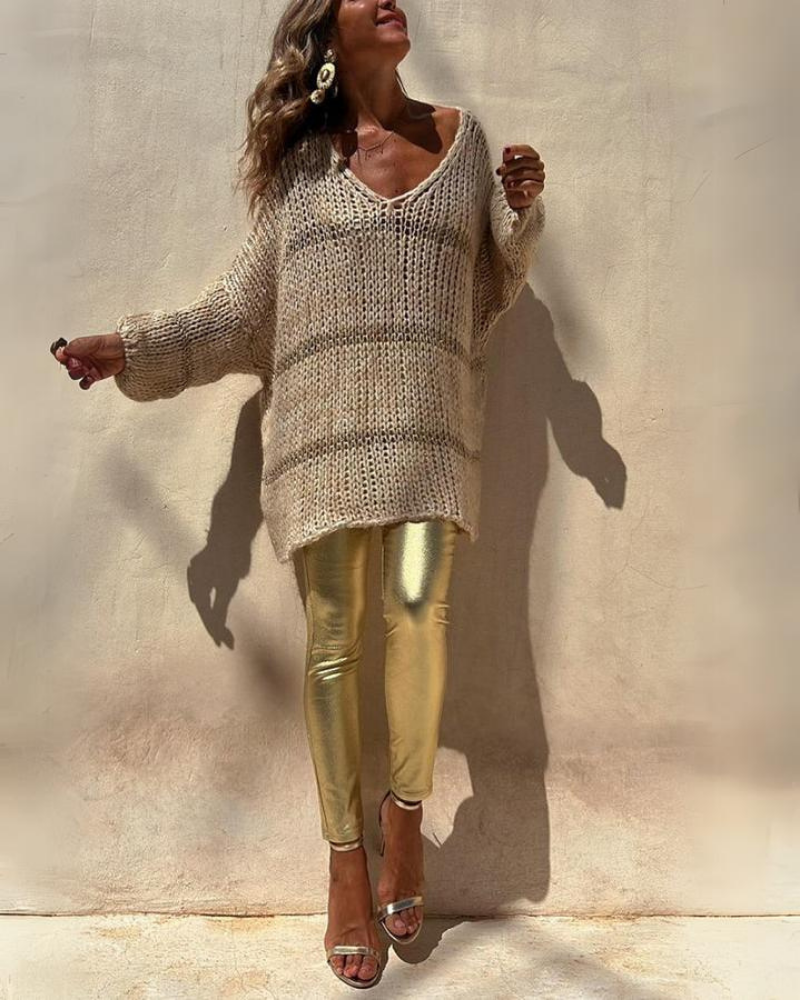 Suéter Femenino de Tricô – Oversized con Trama Abierta y Escote en V Wendy