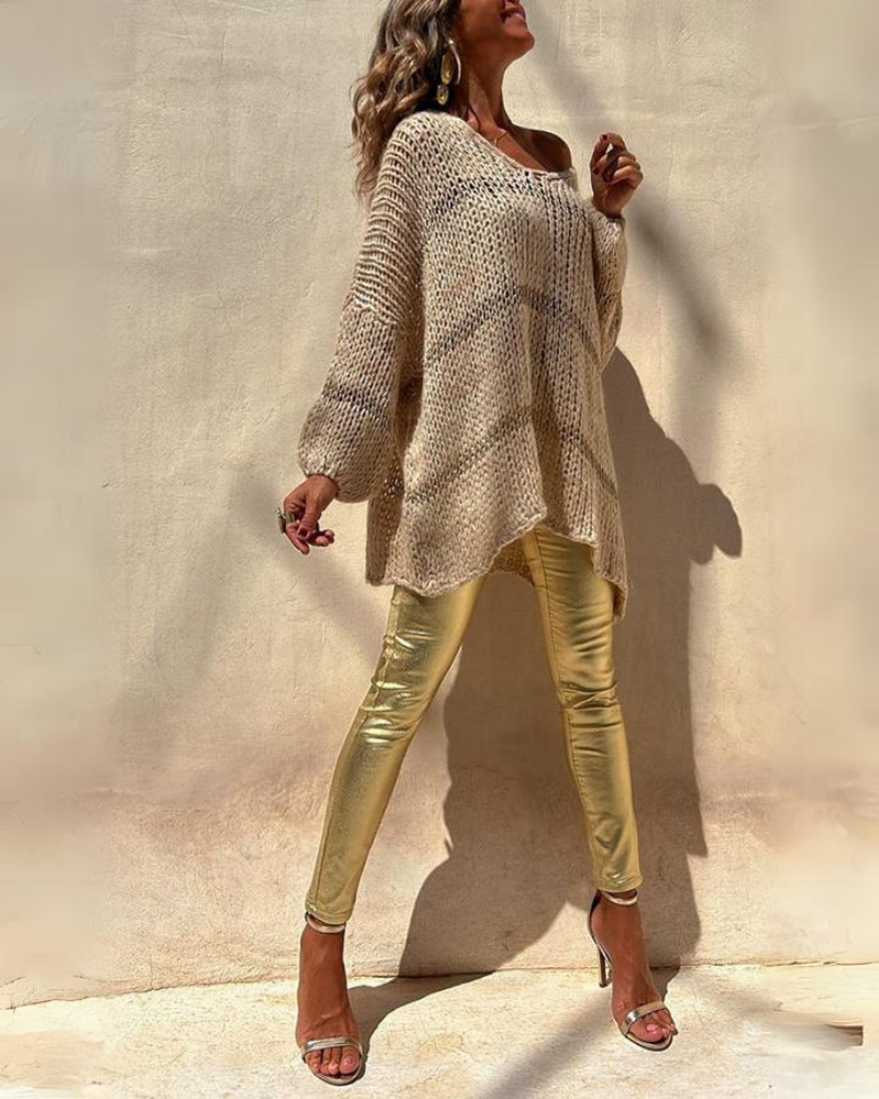 Suéter Femenino de Tricô – Oversized con Trama Abierta y Escote en V Wendy