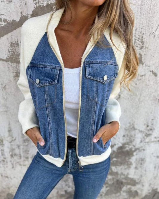 Chaqueta Femenina con Corte de Jeans y Mangas de Tejido Anita