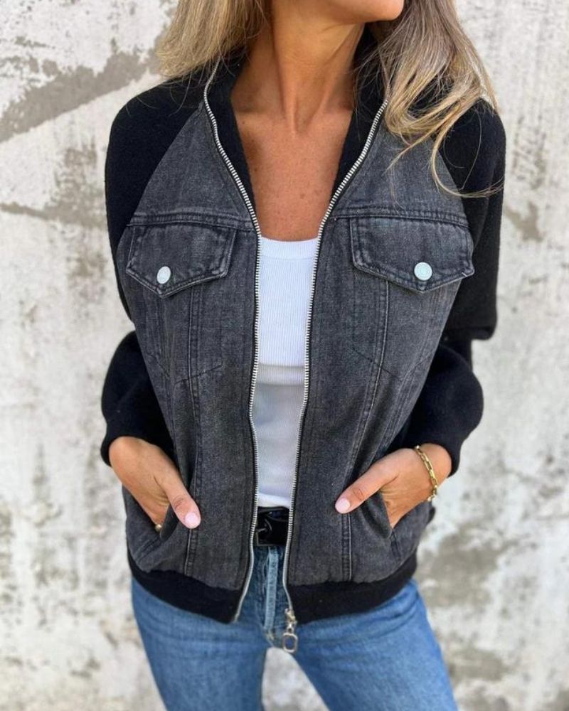 Chaqueta Femenina con Corte de Jeans y Mangas de Tejido Anita