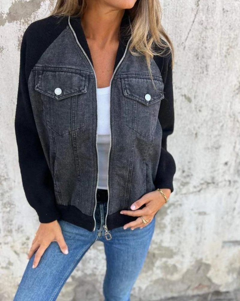 Chaqueta Femenina con Corte de Jeans y Mangas de Tejido Anita