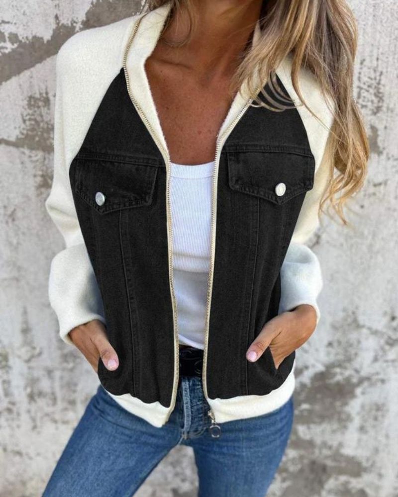 Chaqueta Femenina con Corte de Jeans y Mangas de Tejido Anita