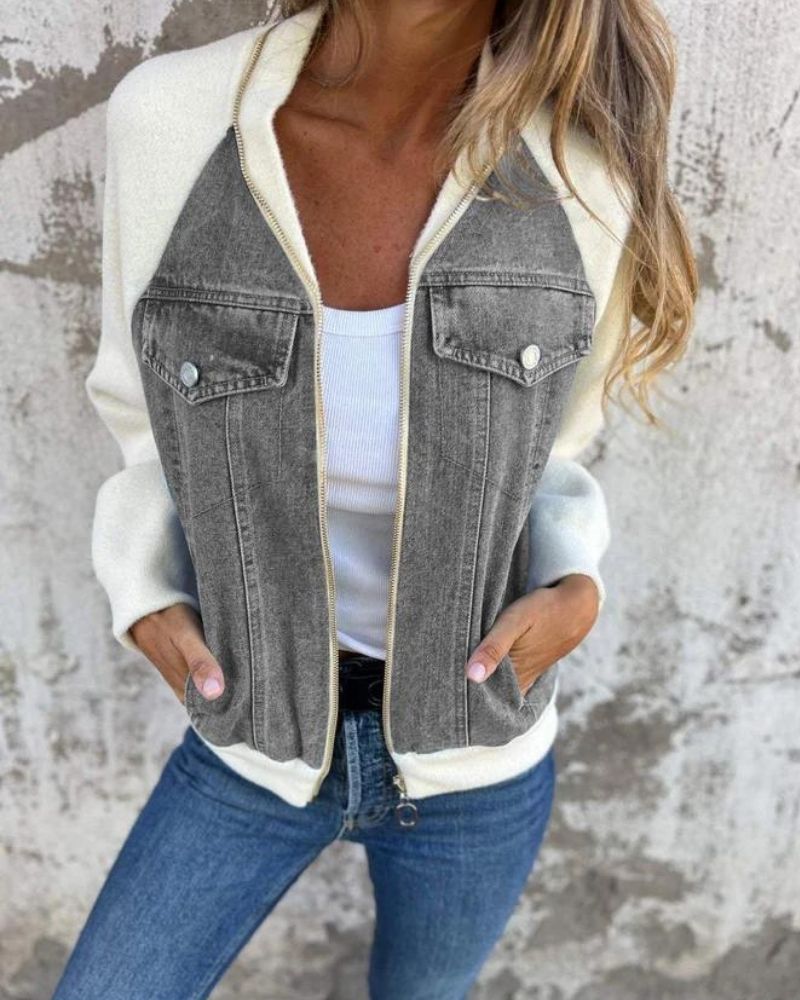 Chaqueta Femenina con Corte de Jeans y Mangas de Tejido Anita