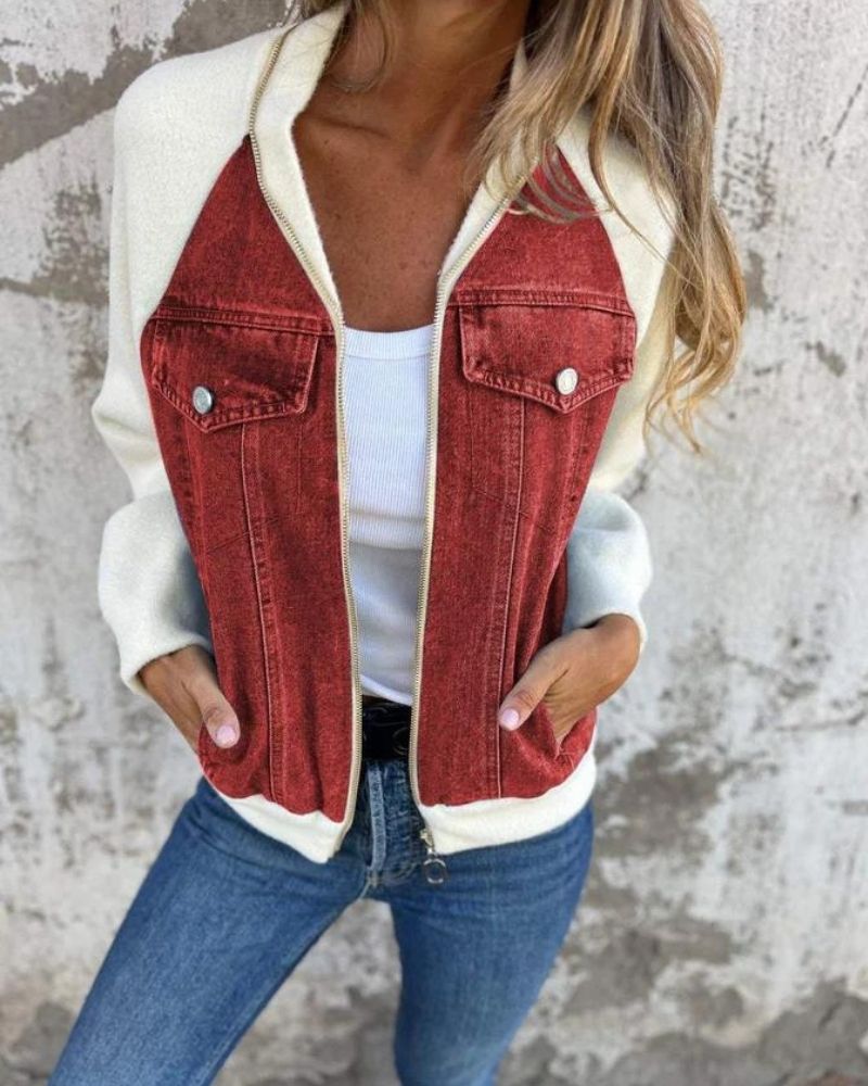 Chaqueta Femenina con Corte de Jeans y Mangas de Tejido Anita