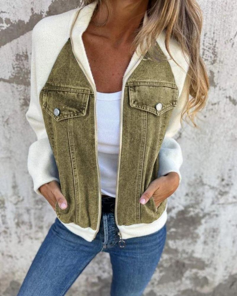 Chaqueta Femenina con Corte de Jeans y Mangas de Tejido Anita