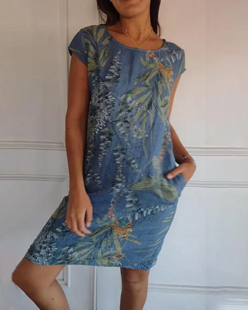Vestido Estampado de Cuello Redondo en Algodón
