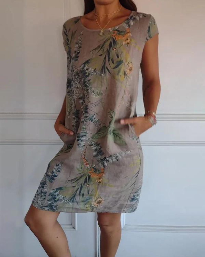 Vestido Estampado de Cuello Redondo en Algodón