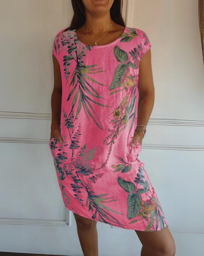Vestido Estampado de Cuello Redondo en Algodón