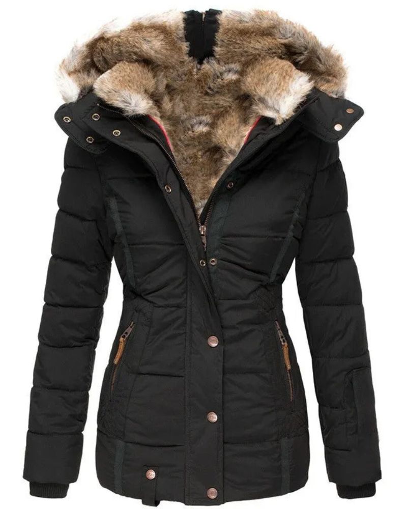 Chaqueta Femenina Puffer con Capucha Forrada en Pelo Liena