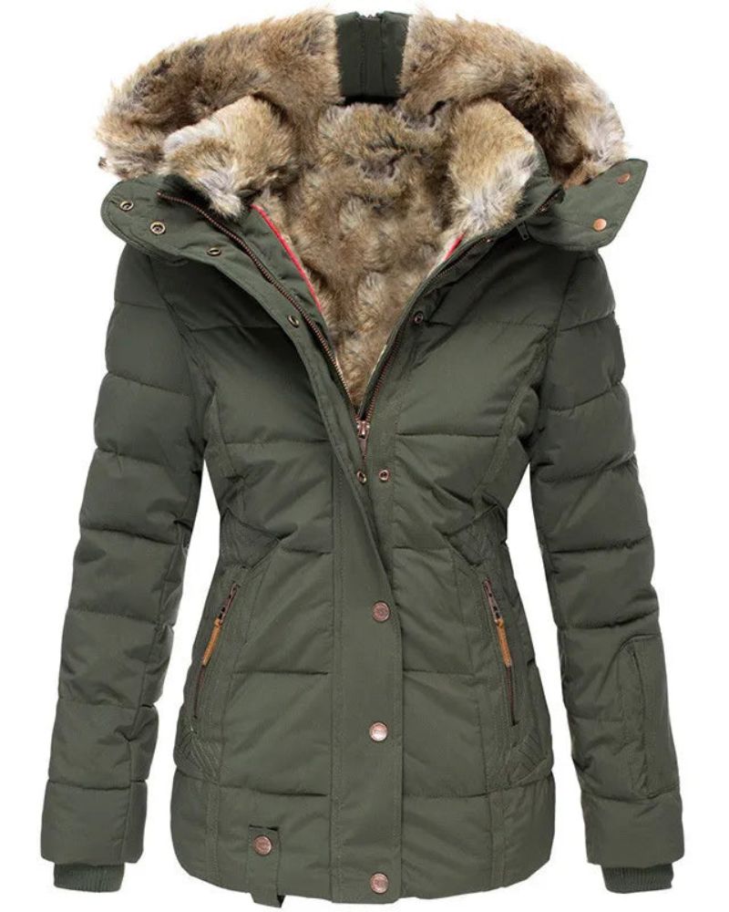 Chaqueta Femenina Puffer con Capucha Forrada en Pelo Liena