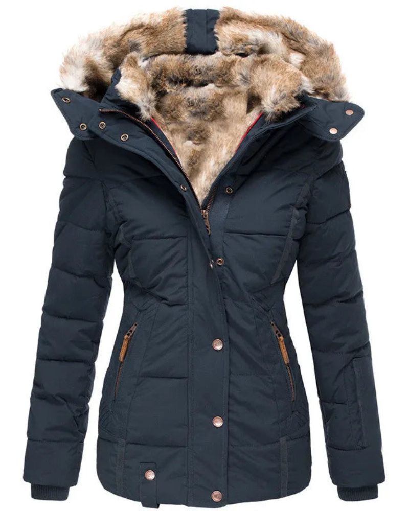 Chaqueta Femenina Puffer con Capucha Forrada en Pelo Liena