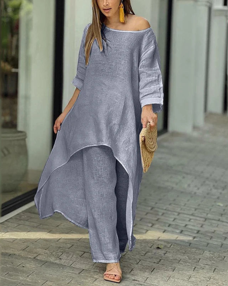 Conjunto Femenino Lino Blusa Larga y Pantalón Suelto Geovana