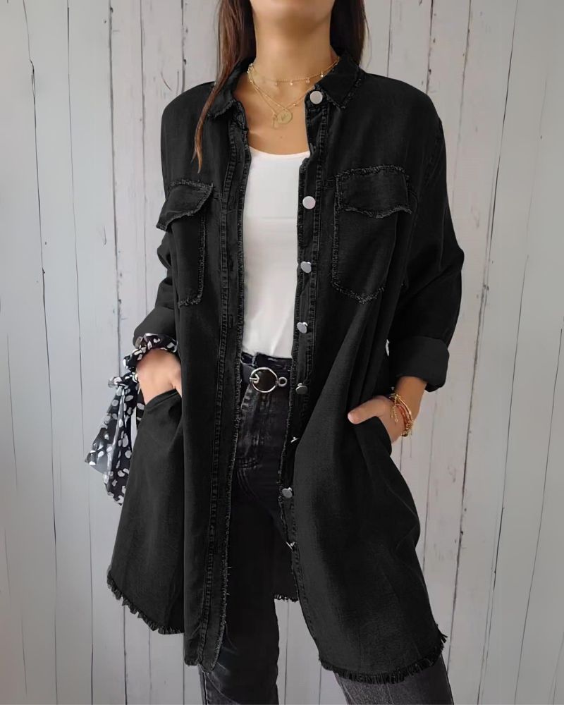 Camisa de Jeans Oversized Femenina con Bolsos Frontales Elisa