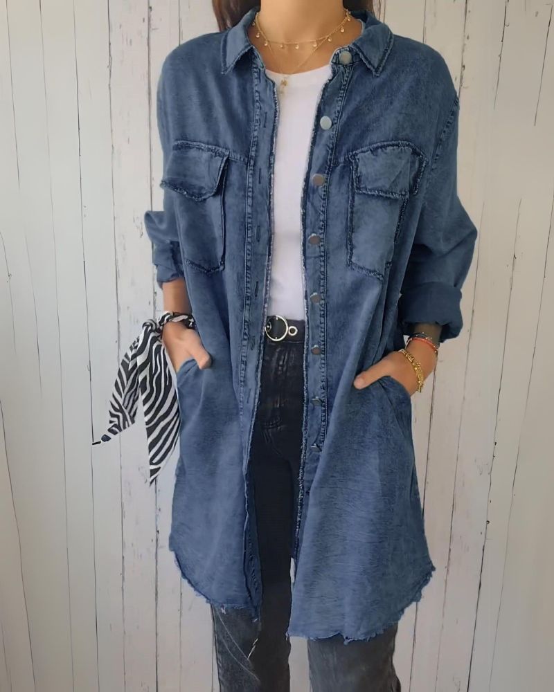 Camisa de Jeans Oversized Femenina con Bolsos Frontales Elisa