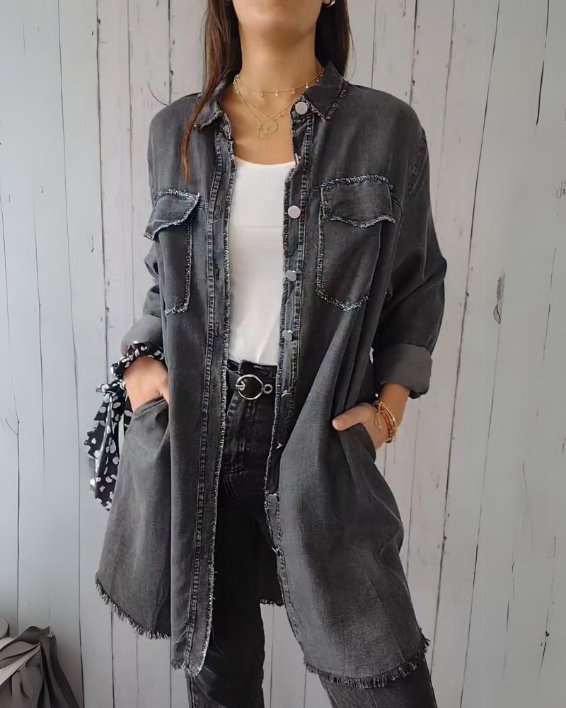 Camisa de Jeans Oversized Femenina con Bolsos Frontales Elisa