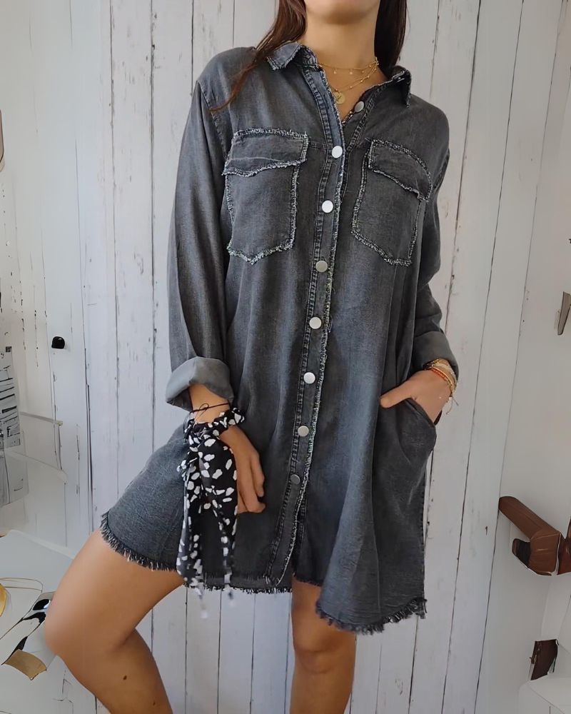 Camisa de Jeans Oversized Femenina con Bolsos Frontales Elisa