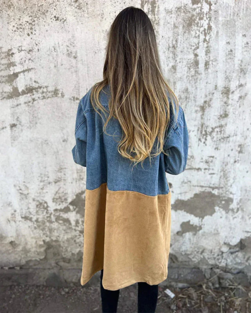 Sobretodo Femenino Bicolor Jeans y Suede Marina