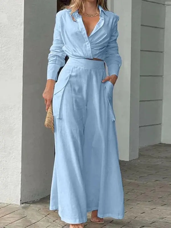 Conjunto Femenino Social Camisa de Manga Larga y Pantalón Pantalona