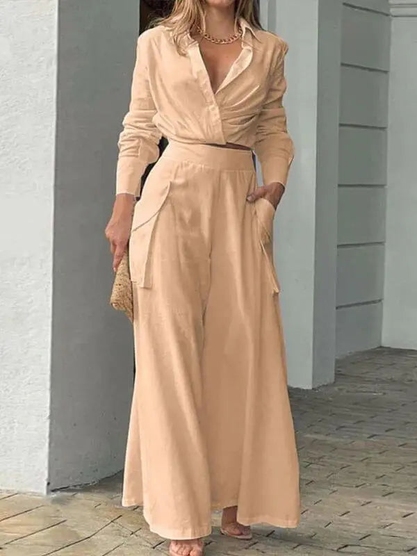 Conjunto Femenino Social Camisa de Manga Larga y Pantalón Pantalona