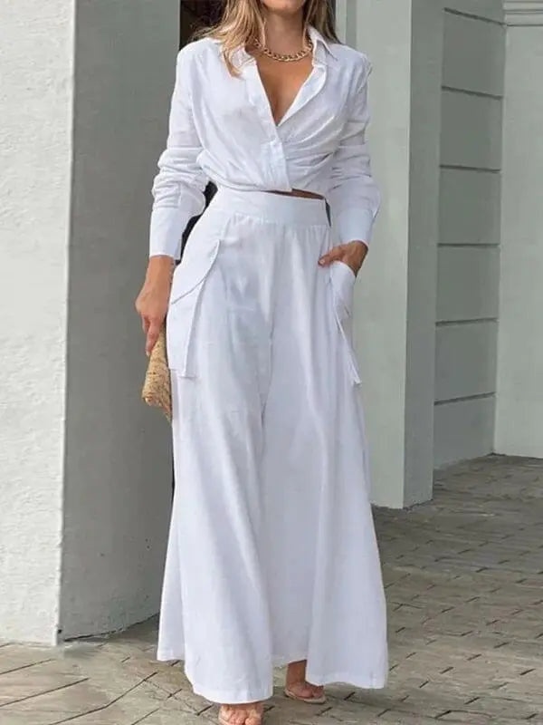Conjunto Femenino Social Camisa de Manga Larga y Pantalón Pantalona