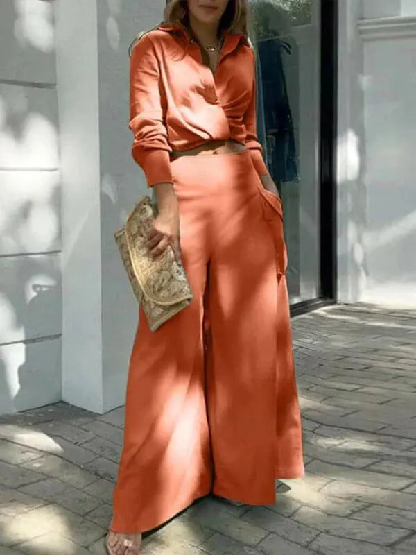 Conjunto Femenino Social Camisa de Manga Larga y Pantalón Pantalona