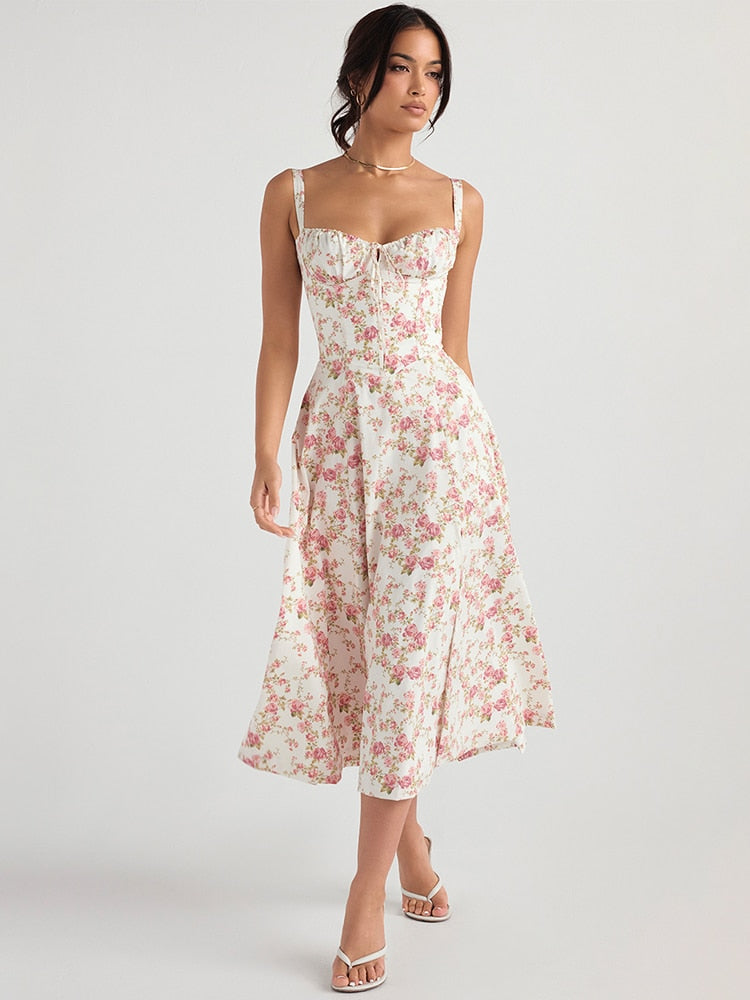 Vestido Femenino Midi Floral Tirantes Largos
