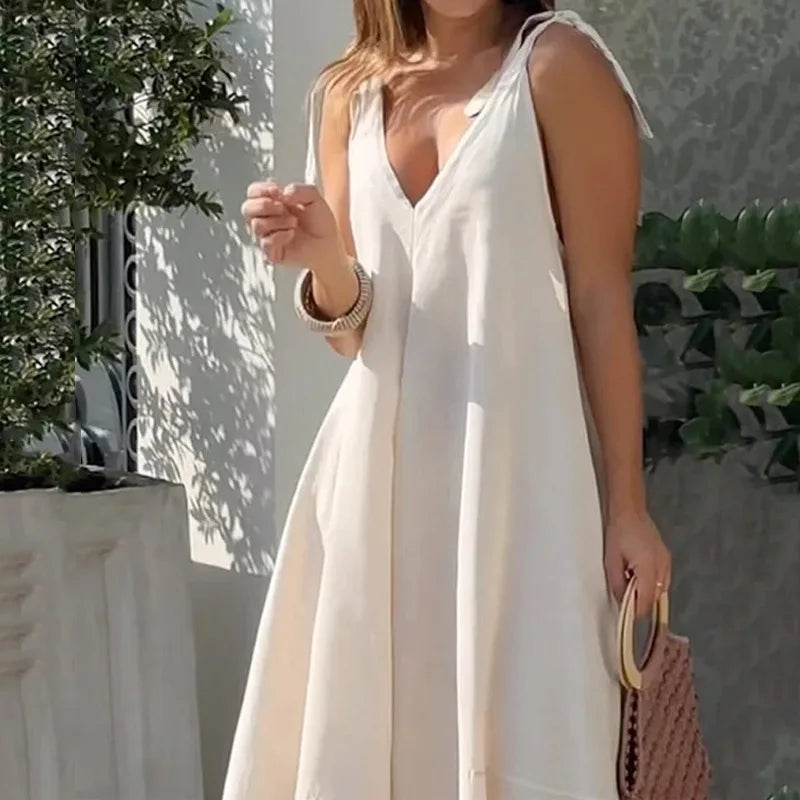 Vestido Largo Escote en V Tirantes Lazo