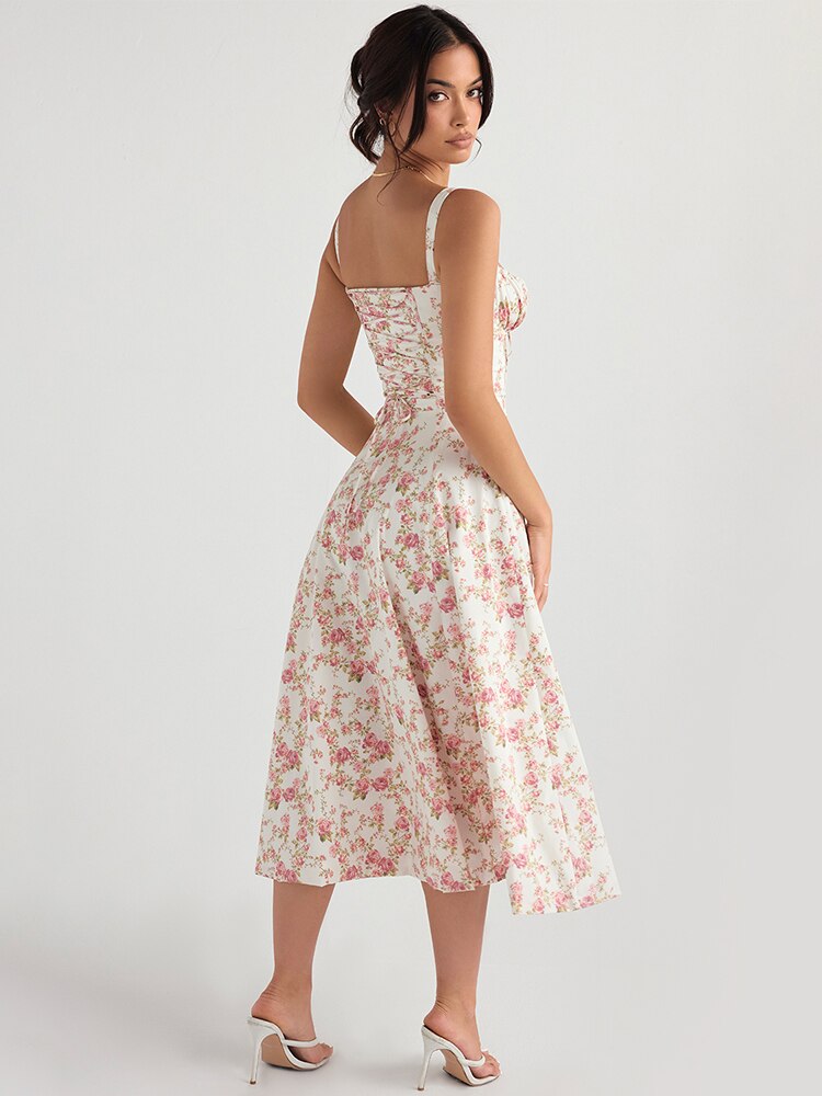 Vestido Femenino Midi Floral Tirantes Largos
