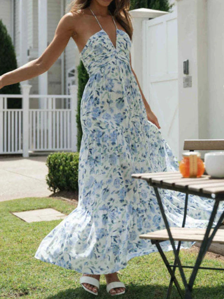 Vestido Femenino Largo Frente Única Floral Chiffon