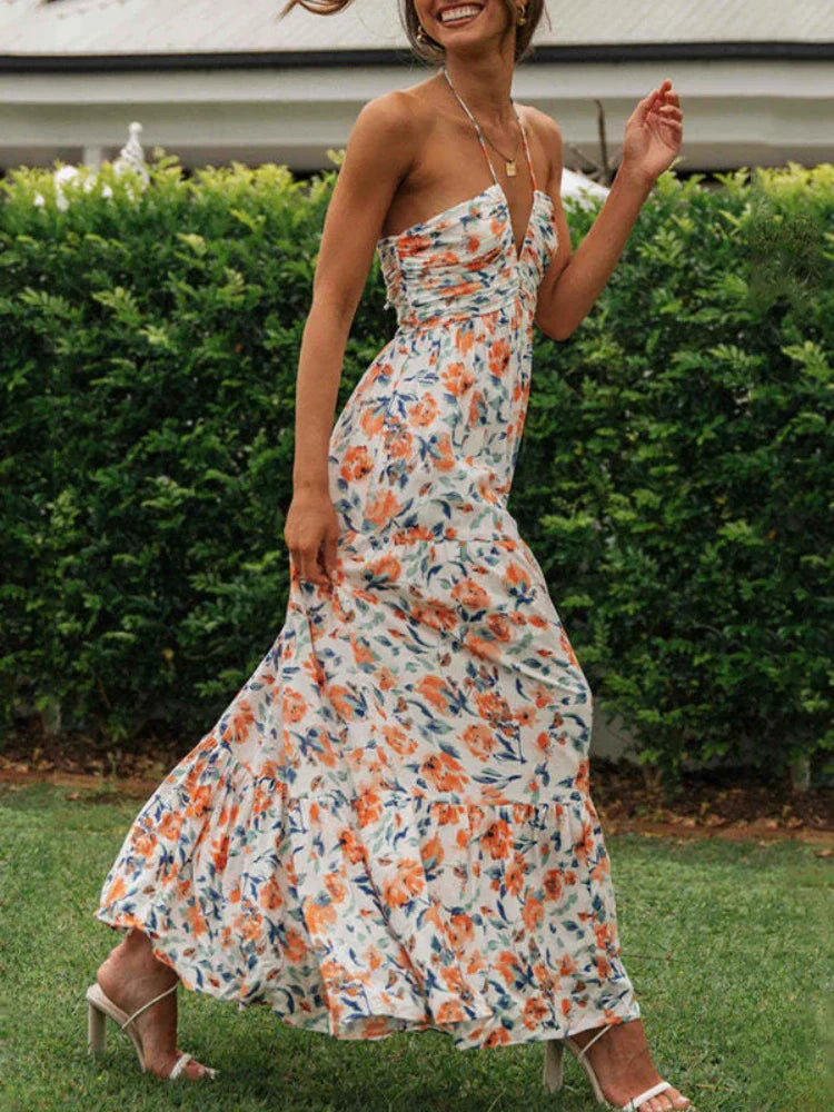 Vestido Femenino Largo Frente Única Floral Chiffon