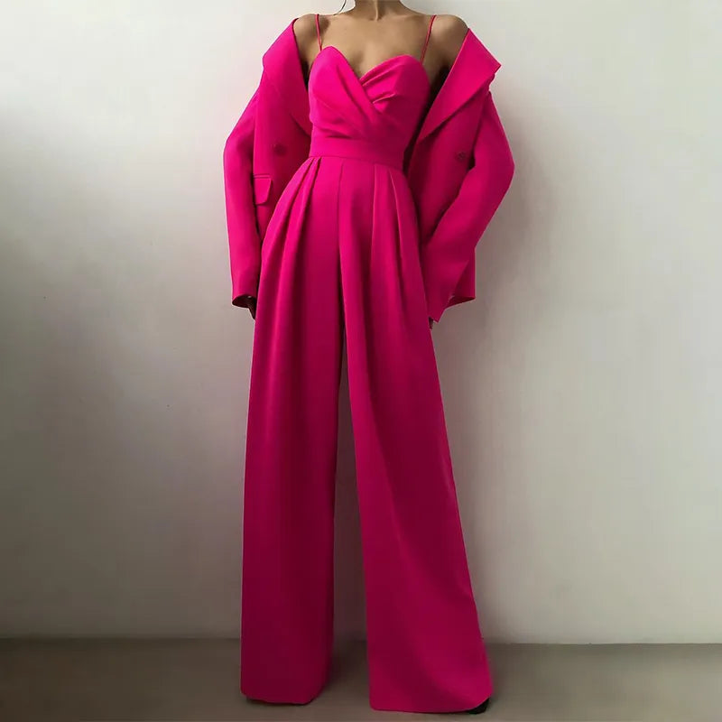 Mono femenino de sastrería en chiffon con tirantes – Elegancia atemporal