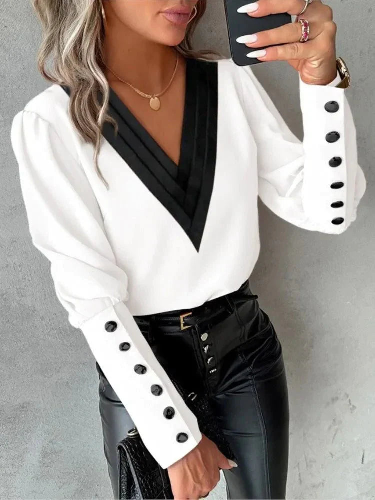 Camisa Social Femenina Escote V Manga Larga