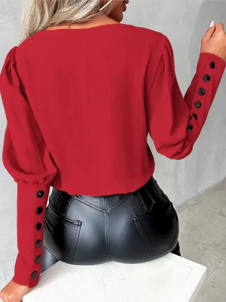 Camisa Social Femenina Escote V Manga Larga
