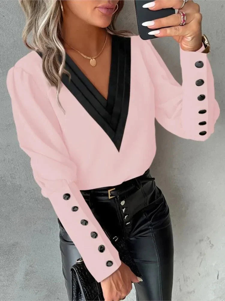 Camisa Social Femenina Escote V Manga Larga