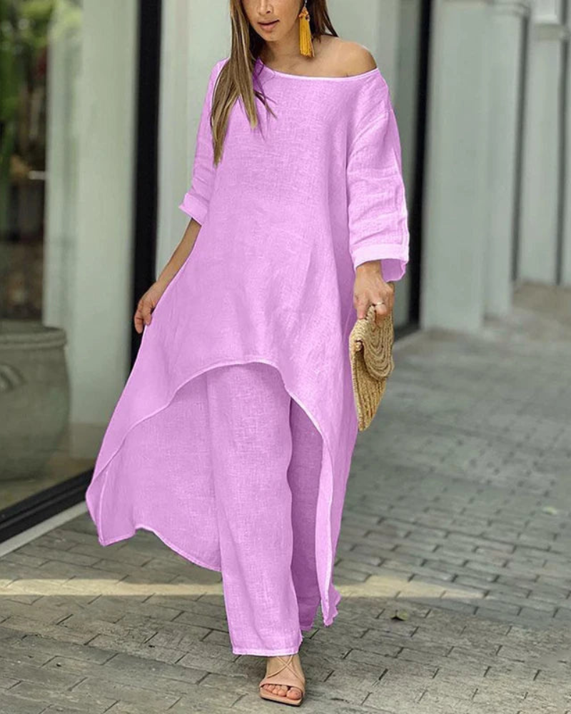 Conjunto Femenino Lino Blusa Larga y Pantalón Suelto Geovana