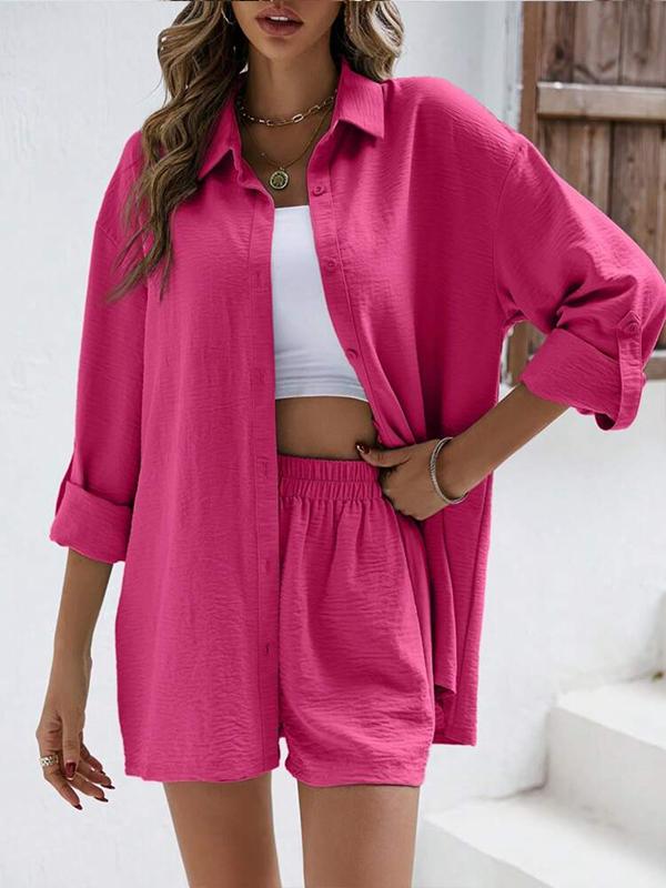 Conjunto Casual de Camisa de Manga Larga con Solapa y Shorts de Cintura Alta