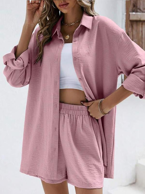 Conjunto Casual de Camisa de Manga Larga con Solapa y Shorts de Cintura Alta