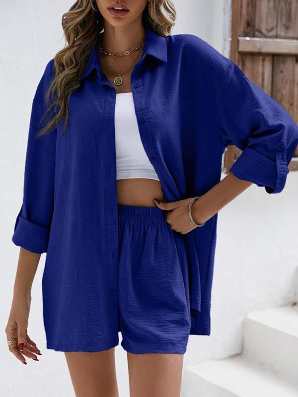 Conjunto Casual de Camisa de Manga Larga con Solapa y Shorts de Cintura Alta