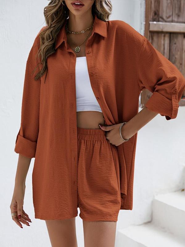 Conjunto Casual de Camisa de Manga Larga con Solapa y Shorts de Cintura Alta