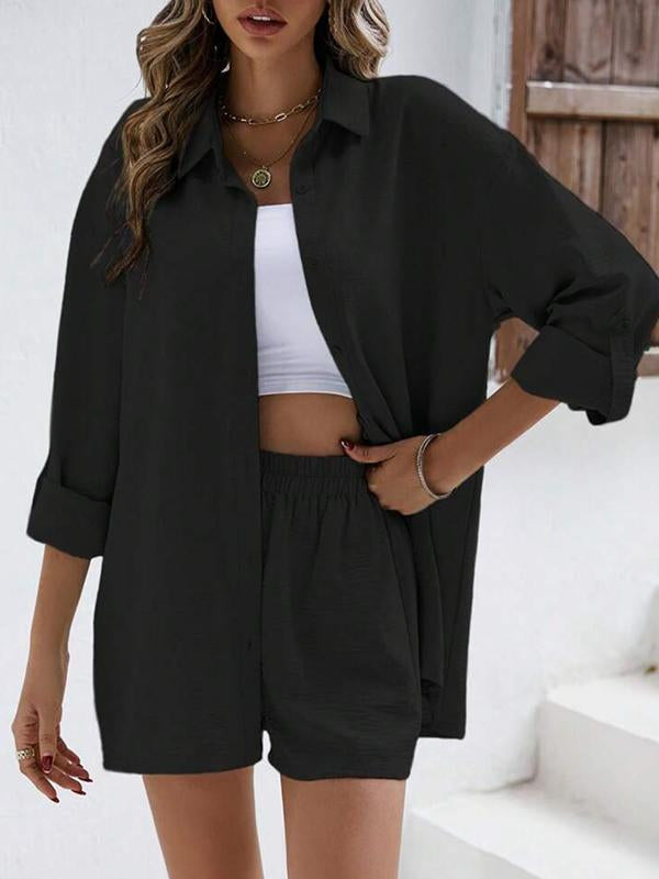Conjunto Casual de Camisa de Manga Larga con Solapa y Shorts de Cintura Alta