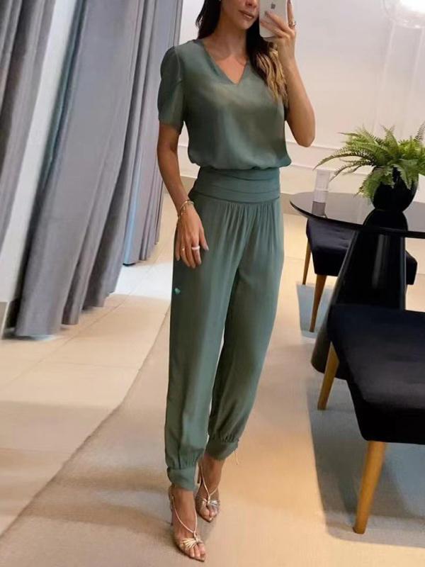 Conjunto Casual de Dos Piezas con Pantalones y Camisa Estampada de Manga Corta y Escote en V