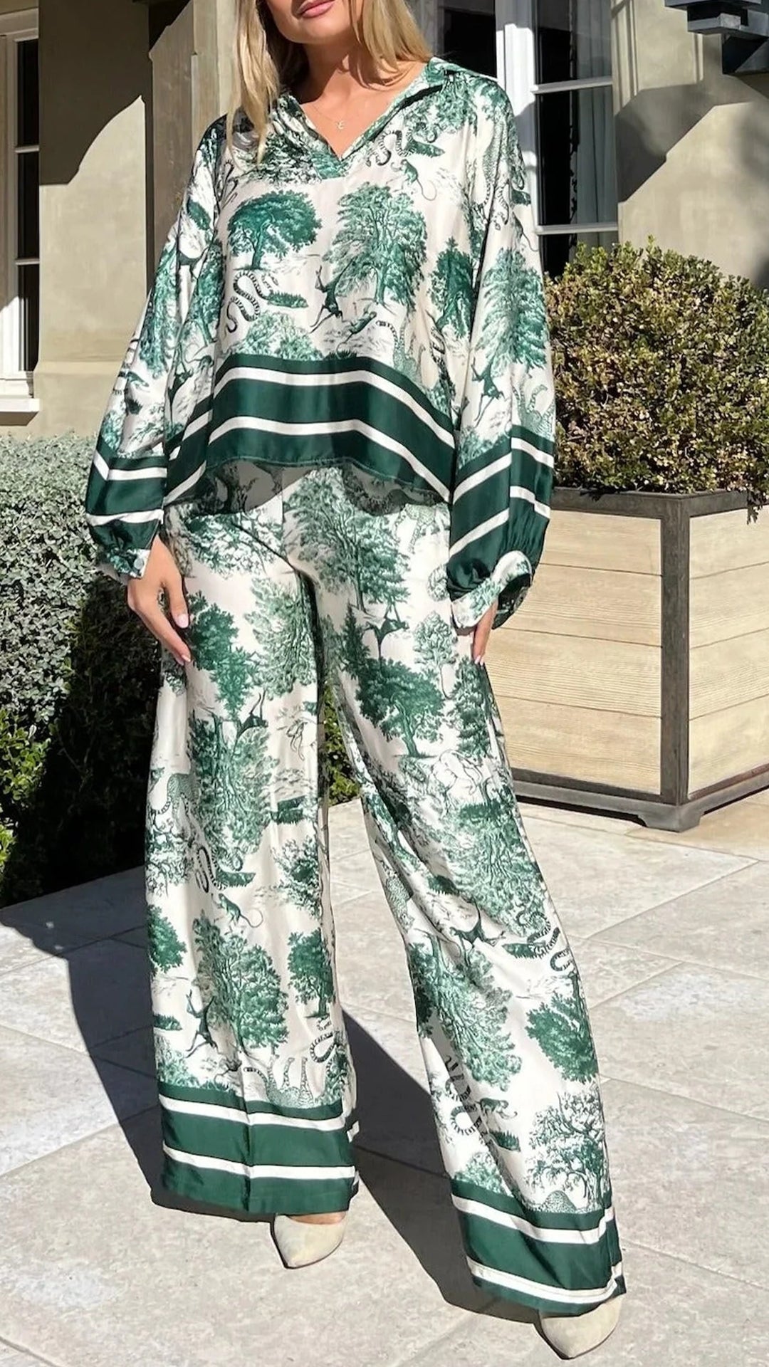 Conjunto Casual de Manga Larga Estampado con Escote en V